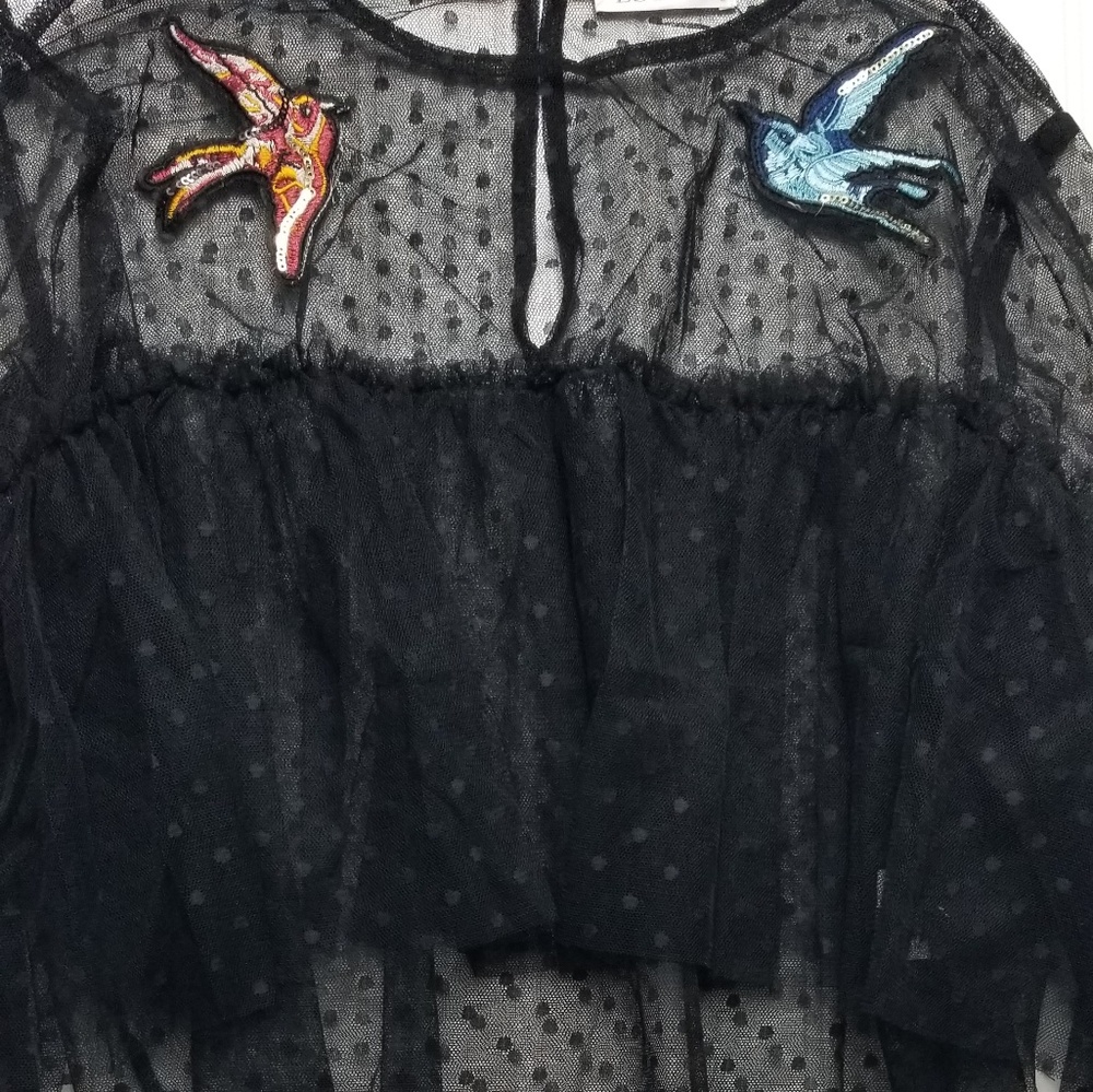 Bird Ruffle Polka Crop Top Black See Through Shirt - Picture 6 of 6